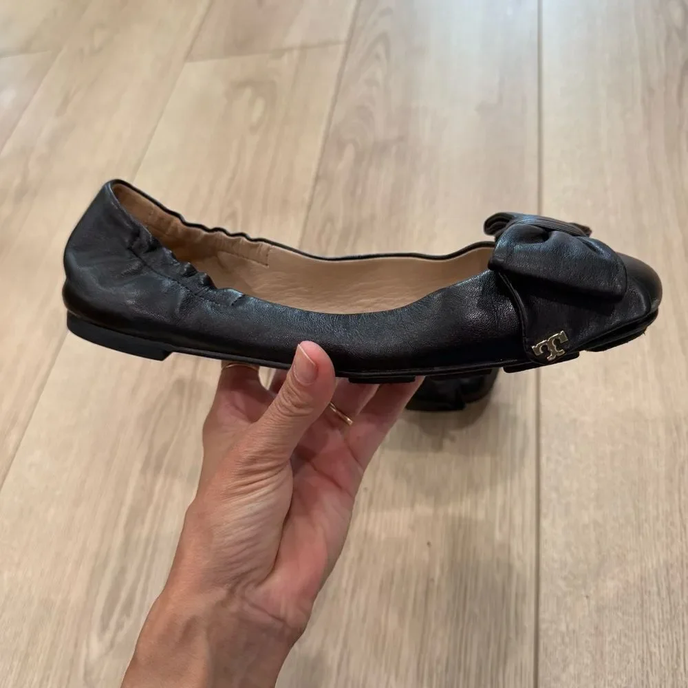 Tory Burch Black Leather Bow Flats